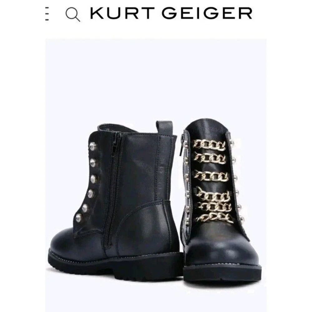 Kurt Geiger London Mini Bax Girls Black Leather Chain Combat Boots Size 7 NWT